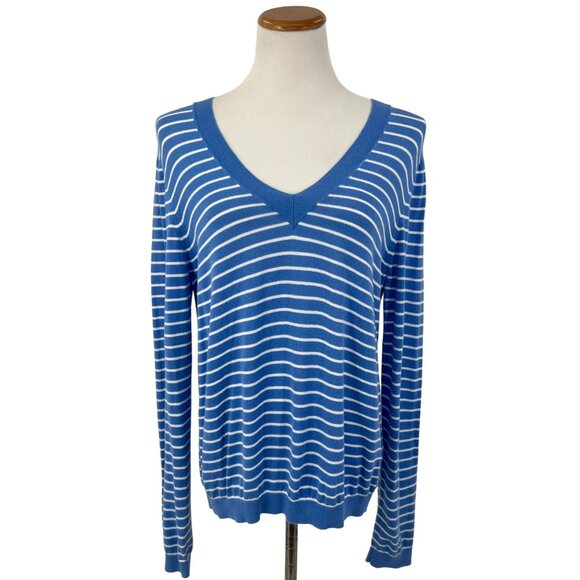 J.Crew Womens Blue & White Striped V-Neck Sweater - Picture 1 of 10